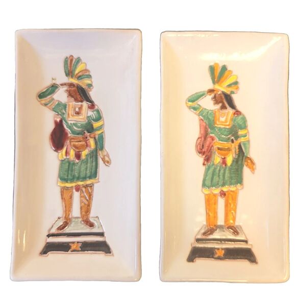 Vintage Italy Art Pottery Catch Aztec Mayan Warrior Mid Century Handmade 2 Dishe - Picture 1 of 10
